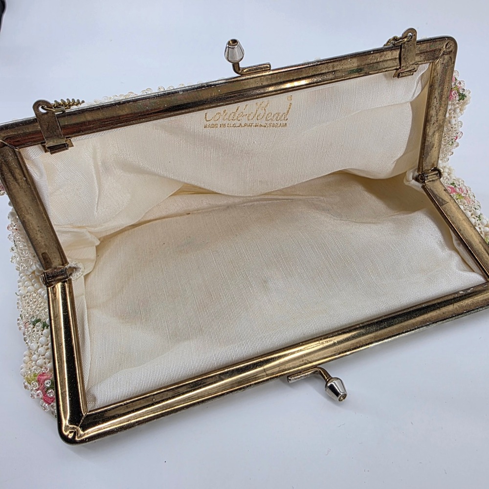 Vintage Corde Bead White Faux Pearl Floral Beaded Clutch Evening Bag Made in USA - Picture 6 of 6